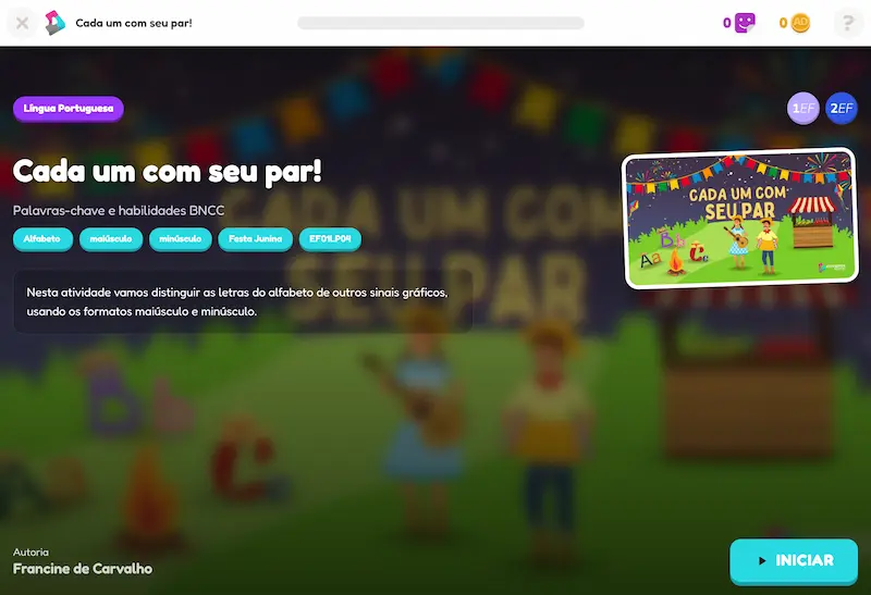 Exemplo de atividade de alfabetização - Cada um com seu par - Jogo educativo de arrastar e soltar